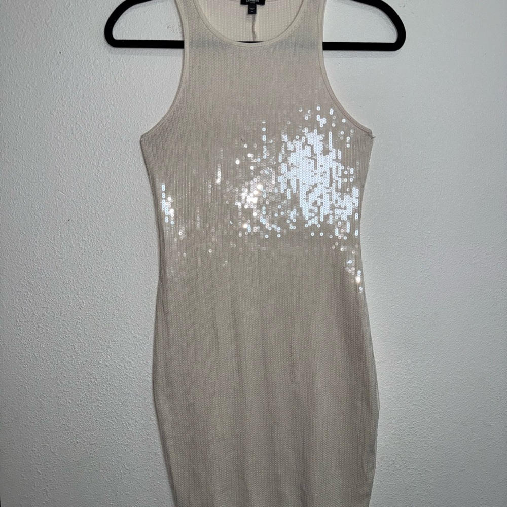 Express XS Cream Sequin Bodycon Mini Dress Ribbed Stretch Tank Y2K Party Club - Picture 8 of 8